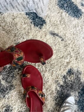 Coconuts by Matisse Red Leather Toe-Ring Flats with Multicolor Embellished Strap